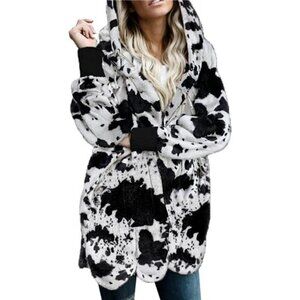 Winter Long Sleeve Solid Fuzzy Fleece Open Front Hooded Cardigans Jacket Coats